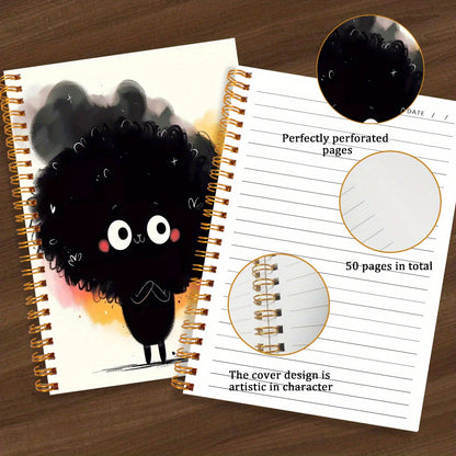 1pc Cute Black Exploding Head Spiral Notebook - Adorable Cartoon Design, 13.97x21.08cm, 50 Pages - Perfect for Office, School, Study, and Gift, Notebooks for School