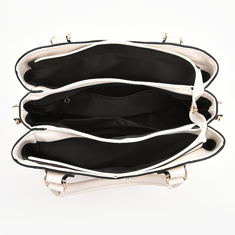 Wo 's Casual Geometric Two-Tone Large Capacity   Handbag with Adjustable   Strap, Detachable Wristlet & Zipper Closure - in Khaki/White/Pink/Red/Green/Black, Travel Accessory, Stylish Accessory, Durable Construction, Spacious