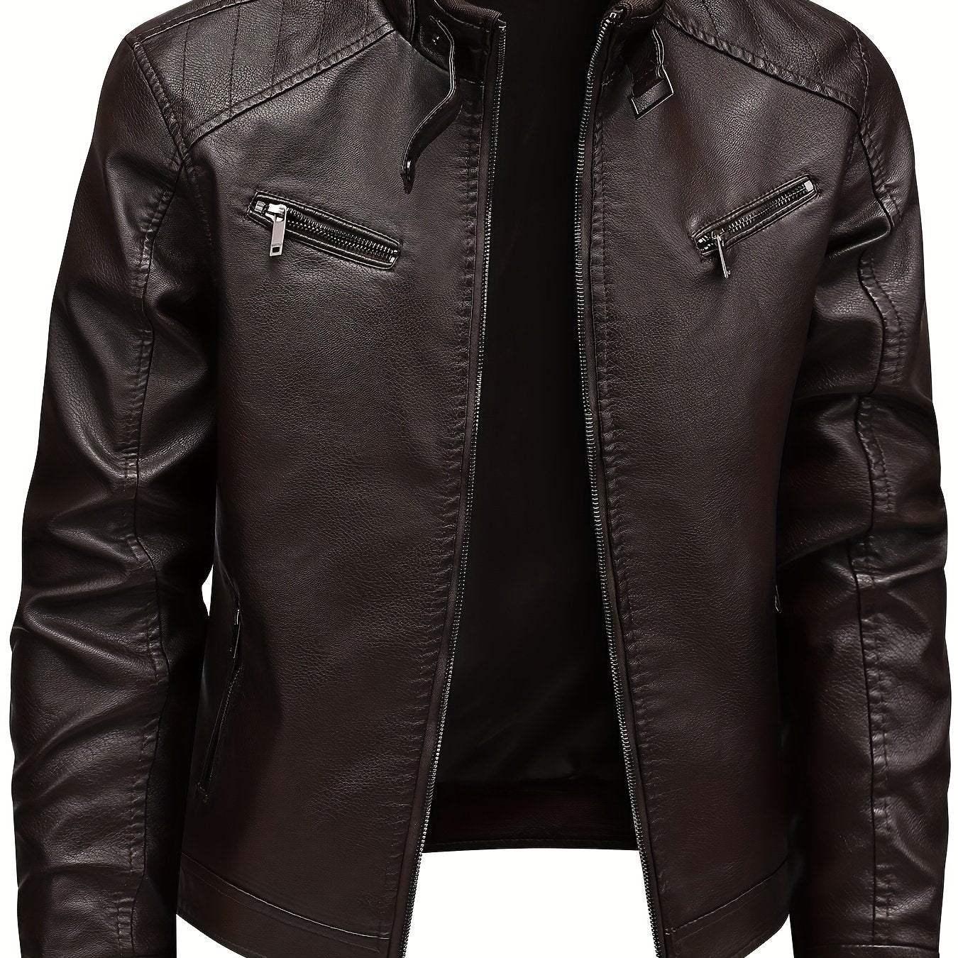Men's Stylish Burgundy Jacket - Fall/Winter Trendy Stand Collar Biker Jacket with Multiple Zippered Pockets, Casual Design for Casual Attire, Fall Jacket | Modern Casual Jacket | Glossy Finish Jacket - ayq