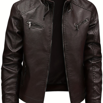 Men's Stylish Burgundy Jacket - Fall/Winter Trendy Stand Collar Biker Jacket with Multiple Zippered Pockets, Casual Design for Casual Attire, Fall Jacket | Modern Casual Jacket | Glossy Finish Jacket - ayq