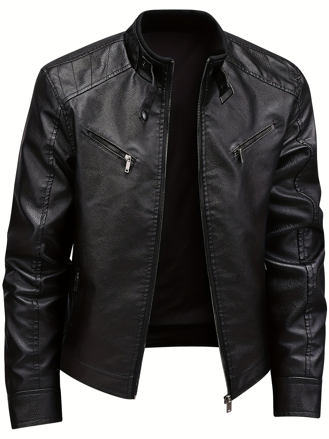 Men's Stylish Burgundy Jacket - Fall/Winter Trendy Stand Collar Biker Jacket with Multiple Zippered Pockets, Casual Design for Casual Attire, Fall Jacket | Modern Casual Jacket | Glossy Finish Jacket - ayq