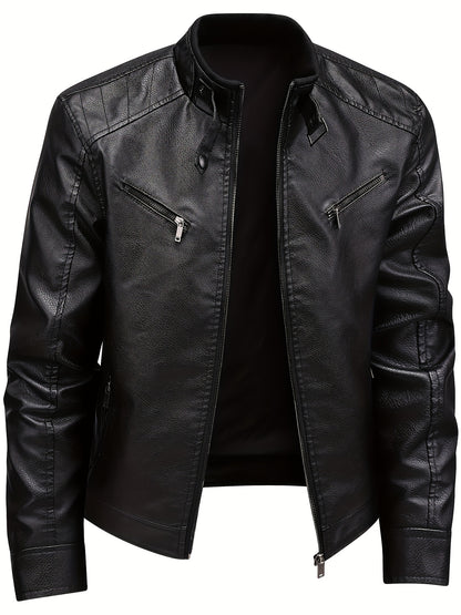 Men's Stylish Burgundy Jacket - Fall/Winter Trendy Stand Collar Biker Jacket with Multiple Zippered Pockets, Casual Design for Casual Attire, Fall Jacket | Modern Casual Jacket | Glossy Finish Jacket - ayq