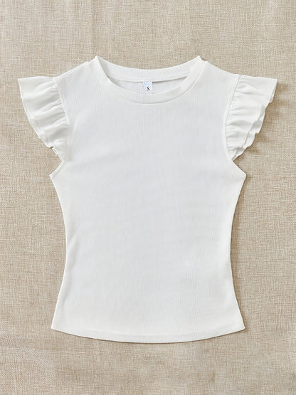 Slim Fit Ribbed Ruffle Sleeve T-Shirt for Women, Summer Chic - ayq