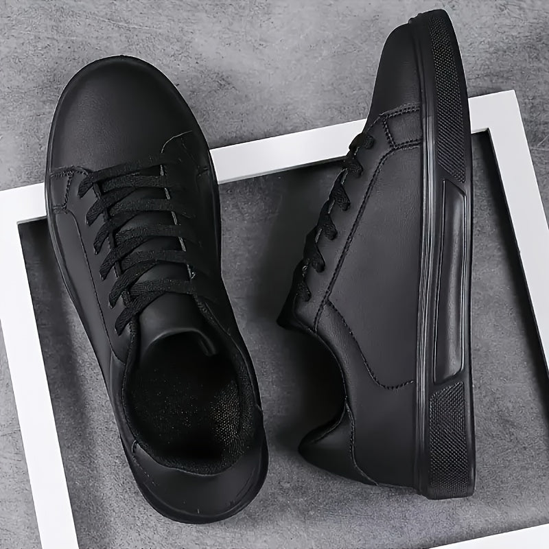 [1 Pair Men'S Black Faux Sneakers] 1 Pair Men'S Classic Black Faux Low-Top Sneakers, Round Toe, Casual Sports Style, All-Season Slip-Resistant Durable Shoes with EVA Sole, Breathable Fabric Lining, Lace-Up Closure