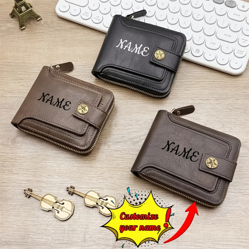 Personalized Retro Men's Zipper Wallet with Golden-Tone Chain & Custom Initials - Faux Leather Business Wallet with Multiple Compartments, Coin Pocket & Secure Closure - Ideal Gift for Men (Black/Brown) - Hand Washable & Dura