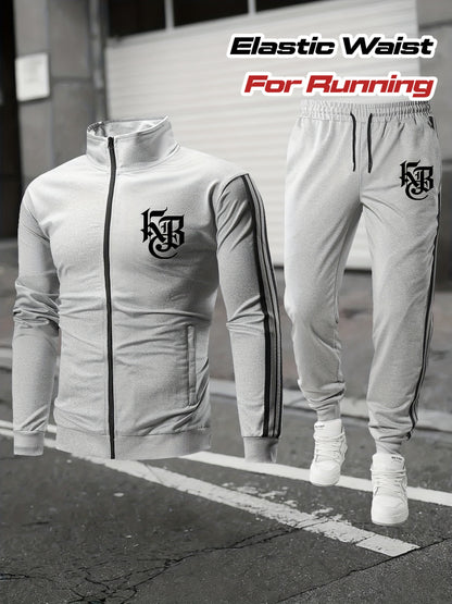Casual Print Full-Zip Men'S Sportswear Set, Suitable for Gym Workouts And Running, Includes a Long-Sleeve Stand-Up Collar Jacket And Elastic Waist Joggers in a 2pcs Set