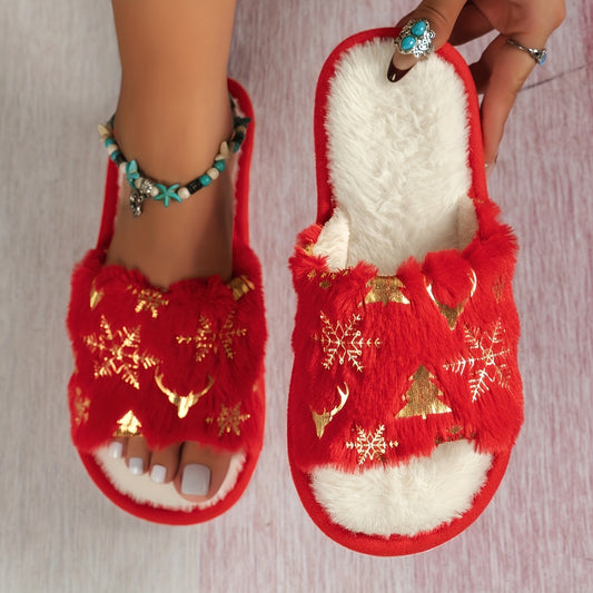Women'S Winter Plush Slip-On Slippers with Golden Snowflake & Red Tree Print - Soft Warm Indoor House Shoes with Plush Lining, Cozy Winter Footwear for Christmas, Holiday Gifts, Christmas Slippers, Festive Footwear, Seasonal
