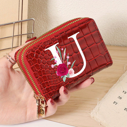 Minimalist Women'S Short Wallet Featuring a Double Zipper Design, with a Crocodile A-Z Letter Pattern. This Stylish Handbag Also Serves As a Fashionable Coin Wallet, Perfect for Travel, Back-To-School, Or Parties.