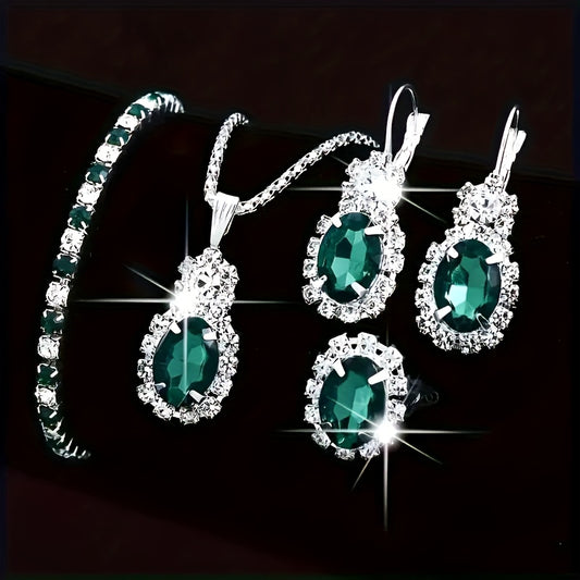Vintage Luxury Jewelry Set for Women - 5pcs Green Oval Dangle Necklace, Ring, Earrings And Bracelet - Elegant Fashion for Daily Wear Or Gift, Vintage Jewelry, Retro Style, Luxury Style, Holiday Theme