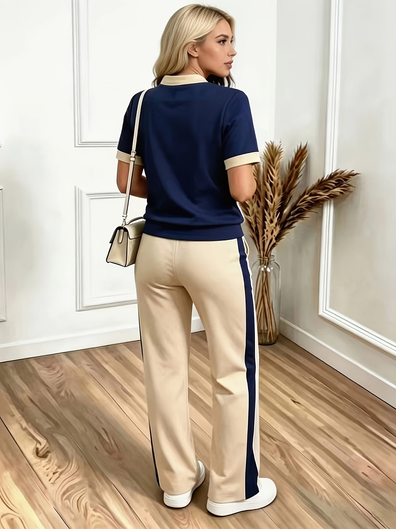 Women’s Casual Color-Block T-Shirt and High-Waist Pants Set