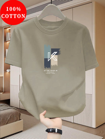 Men's Heavyweight 100% Cotton T-Shirt - Beige Crew Neck Tee, Breathable Summer Shirt for Everyday  Formal Wear, Soft Everyday Essential, Relaxed Fit, Stylish Lettering, Premium Quality, Short Sleeve Top, Casual Wardrobe