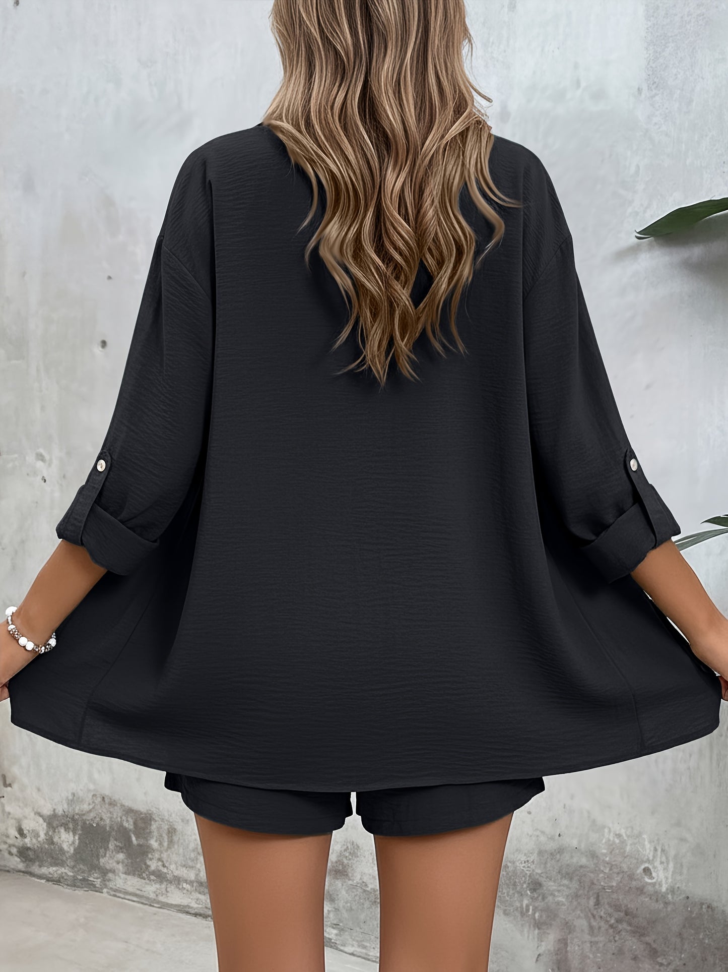 Women's Casual Long-Sleeve Shirt & High-Waist Shorts Set for Spring/Su