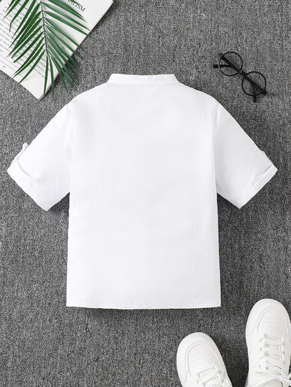 Boys' Summer Stand Collar Short Sleeve Shirt - Preppy Style