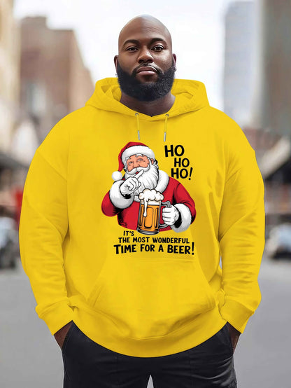 Men'S Red Hoodie with Santa Claus & Beer Mug Graphic - "Ho Ho Ho! It'S the Most Wonderful Time for a Beer!" - Cozy Plush Pullover for Fall & Winter, Casual Holiday Wear, Christmas Clothes, Plus Size