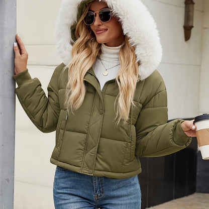 Կանացի կարճ, առօրյա, կայծակաճարմանդով, գլխարկով բաճկոն՝ արհեստական ​​մորթուց զարդանախշով - սև պոլիեսթեր, երկար թևքերով, աշնանային/ձմեռային բացօթյա հագուստ, ցուրտ եղանակի համար | Գլխարկով նորաձևություն | Փայլուն ծածկույթ