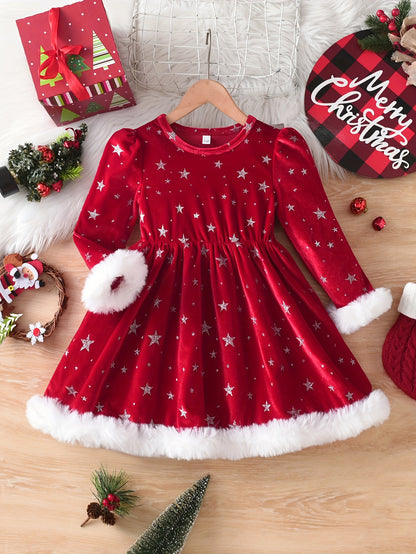 Girls' Christmas Party Dress - Red & Polka Dot A-Line Mid-Length Winter Dress with Puff Sleeves, Round Neck & Flared Skirt for Holiday Celebrations, Christmas Dresses For Girls, Festive Outfit, Playful Design
