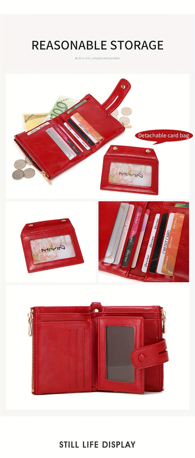 MIYIN Women'S & Men'S Red Bifold Wallet with Anti-Theft Chain Lock, Golden-Tone Hardware & Removable ID Window - Multi-Compartment Organizer with Card Slots