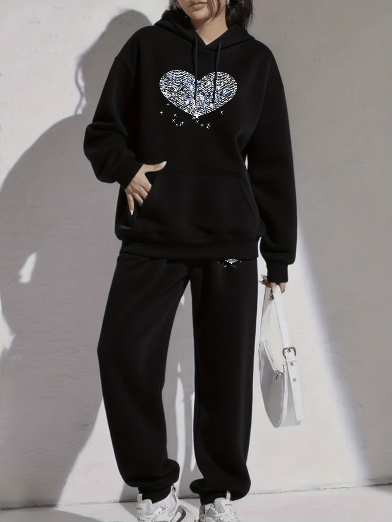 Ladies' Autumn-Winter Casual Hooded Sweatshirt and Pants Set with Shiny Heart Print | Comfortable Fleece-Like Feel, Drawstring Details