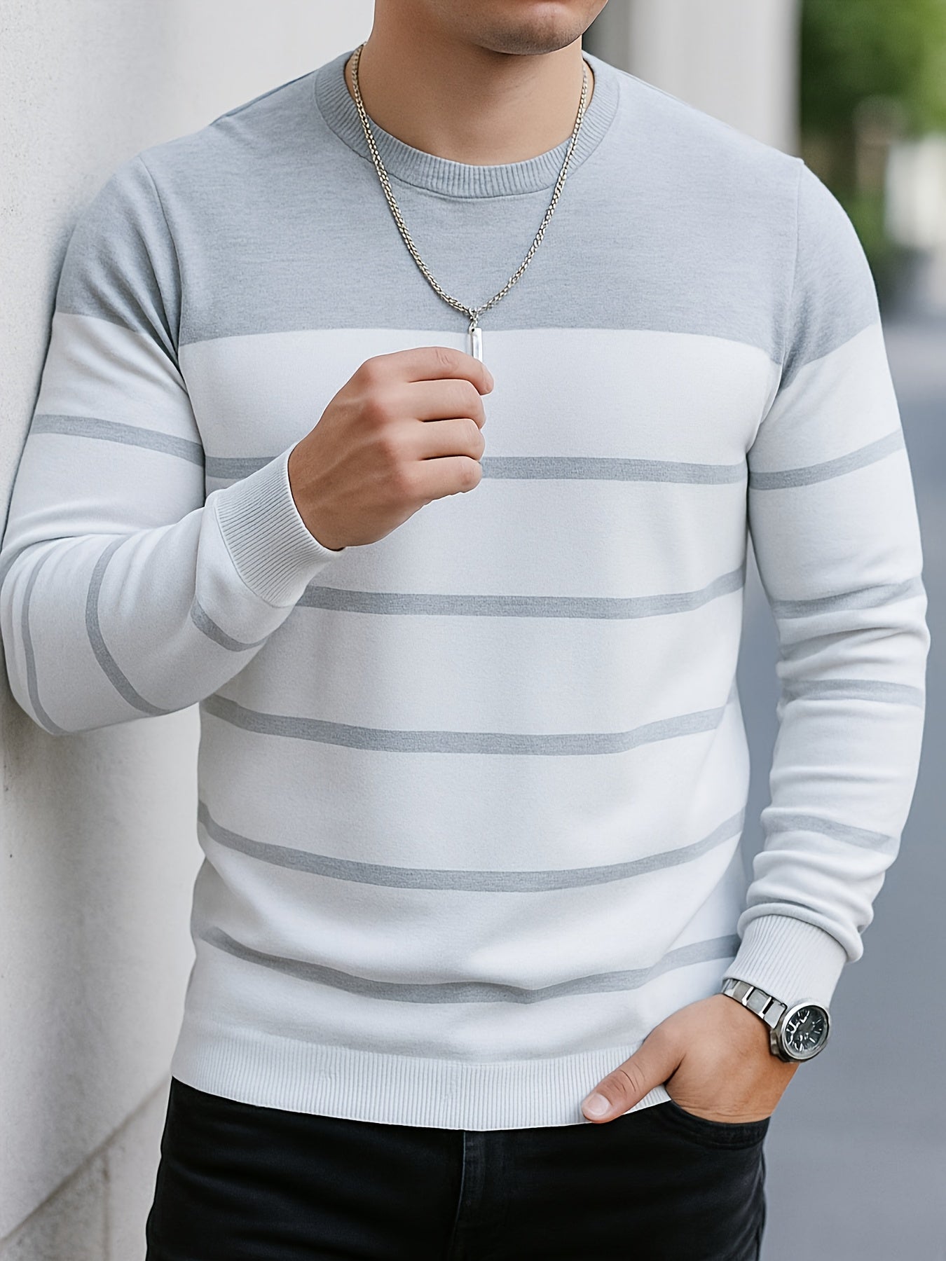 Men'S All-Season Knit Sweater - Soft Stretchy Pullover with Black & Grey Horizontal Stripes, Anti-Pilling Fabric for Everyday & Formal Wear - Year-Round Layering Essential for Office, Casual Outfits, Sweater, Office Attire, C