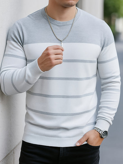 Men'S All-Season Knit Sweater - Soft Stretchy Pullover with Black & Grey Horizontal Stripes, Anti-Pilling Fabric for Everyday & Formal Wear - Year-Round Layering Essential for Office, Casual Outfits, Sweater, Office Attire, C