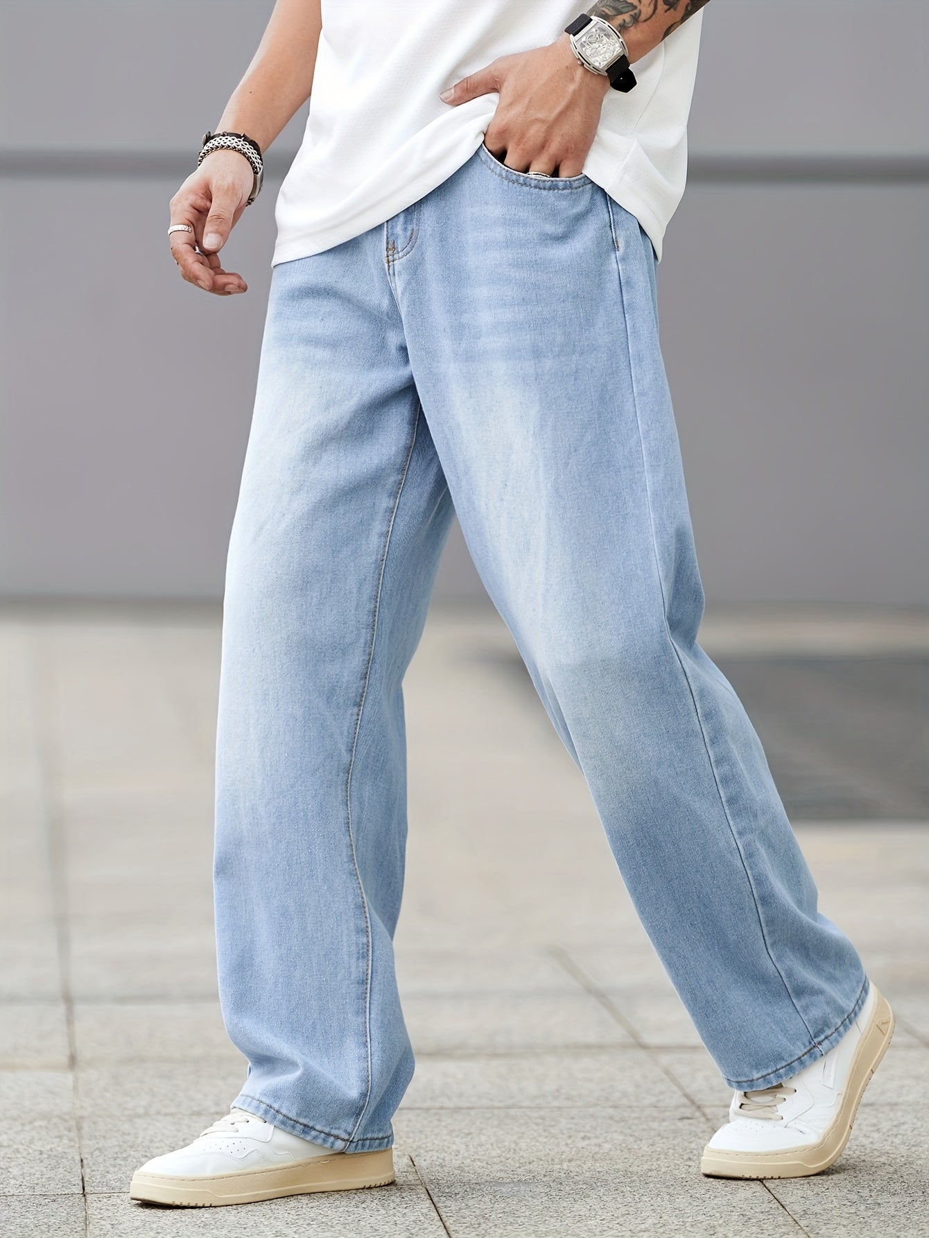 Men's Loose Fit Wide Leg Jeans, Men's Stylish Comfy Denim Pants, Versatile For Four Seasons