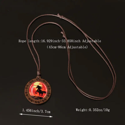 Red Moon Galloping Horse Wooden Pendant Necklace - Bohemian Style Adjustable Cord, Natural Wood Unisex Jewelry for Casual Attire & Holiday Gifts