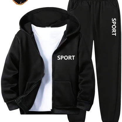 1 Set of 2pcs [Warm Fleece Jacket Set for Boys] Comfortable Fleece Jacket Boy Zip Hoodie And Pants Set | Letter Print, Long-Sleeved Casual Sportswear with Pockets, Perfect for Autumn And Winter Jogging And Outdoor Activities,