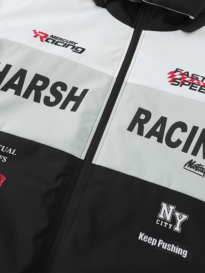 Men'S Casual Motorcycle Jacket, Warm Pilot Fashion Top 6023, 100% Polyester Hooded Collar with Alphabet Pattern, Long Sleeve Regular Fit, Non-Stretch Woven Fabric, Zipper Placket, with Pockets - 280gsm