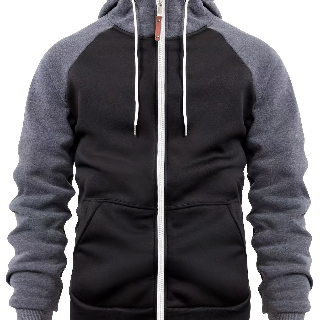 Տղամարդու ոճային գունային բլոկներով վերնաշապիկ՝ առօրյա, կայծակաճարմանդով և գլխարկով սվիտեր՝ առջևի գրպաններով, երկար թևքերով և երիզներով՝ շագանակագույն և սև դիզայնով, հարմարավետ աշնանային և ձմեռային հագուստի համար։