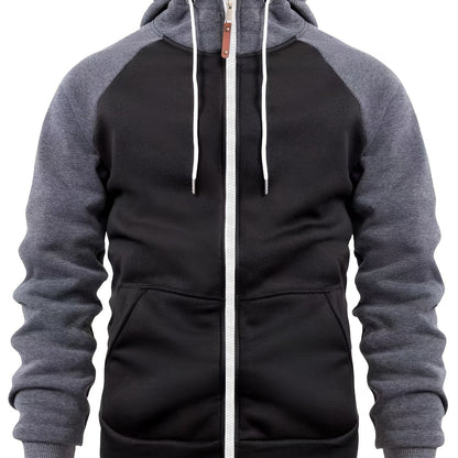 Տղամարդու ոճային գունային բլոկներով վերնաշապիկ՝ առօրյա, կայծակաճարմանդով և գլխարկով սվիտեր՝ առջևի գրպաններով, երկար թևքերով և երիզներով՝ շագանակագույն և սև դիզայնով, հարմարավետ աշնանային և ձմեռային հագուստի համար։