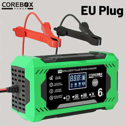 COREBOX EU Plug 12V 6A Smart Battery Trickle Charger 12V Battery Maintainer Battery Charger with LCD Display for Car Truck Motorcycle Lawn Mower Marine Lead Acid Charge, Without Battery