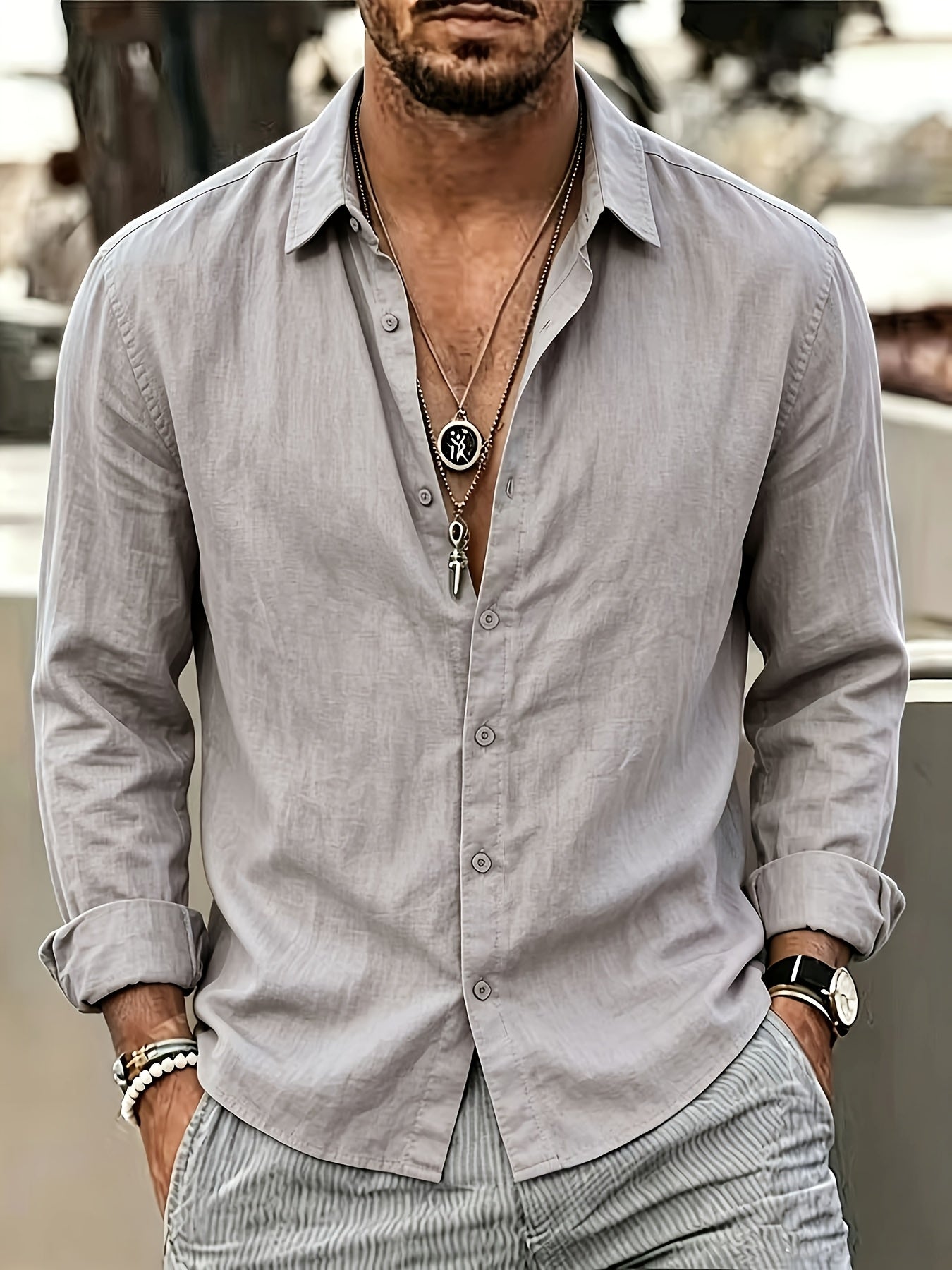 Men's Linen Blend Long Sleeve Casual Shirt for Spring Summer