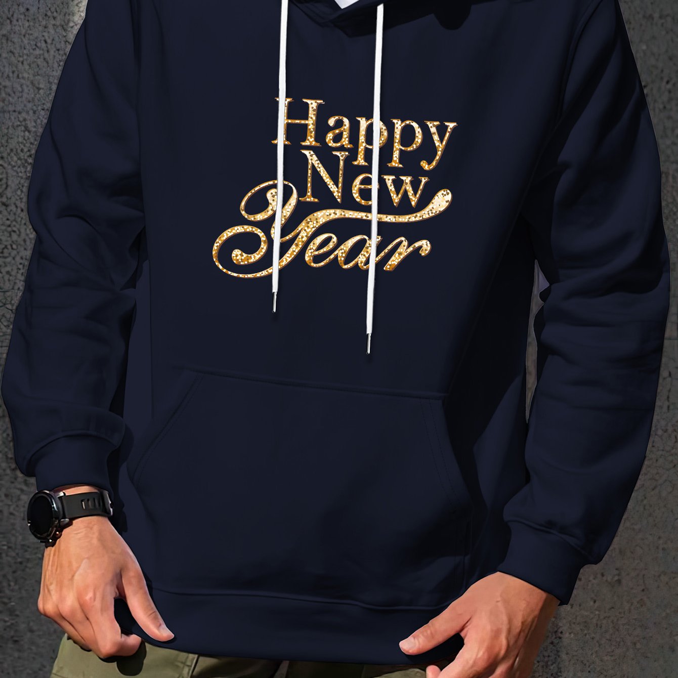 Men'S Golden Letter Print Hooded Sweatshirt - Happy New Year Lettering, Soft Knit Micro-Elastic Fabric, Loose Fit Casual Pullover Hoodie with Front Pocket, Streetwear Style, Unisex Apparel, Durable Material, Trendy Design, Ho
