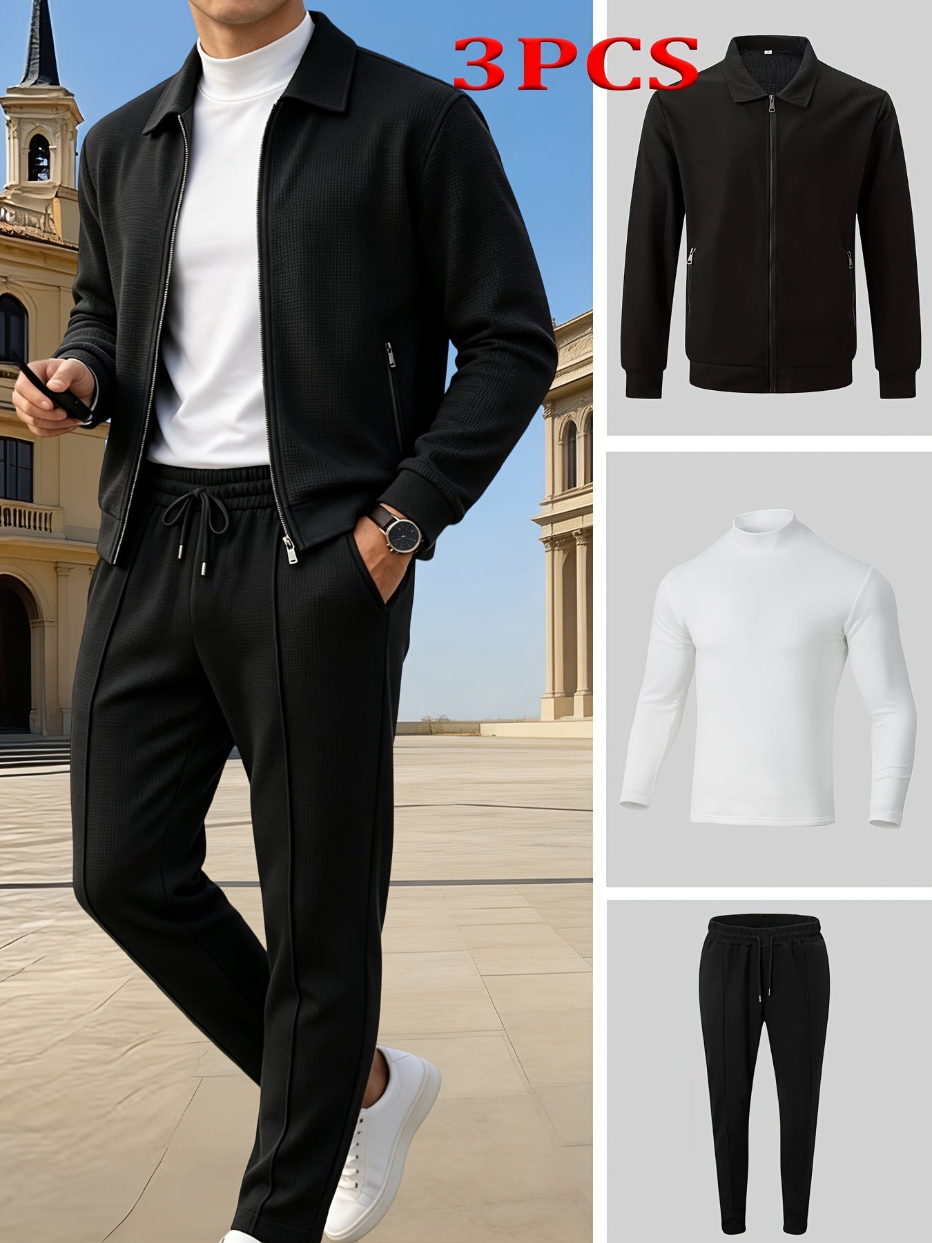Men's Casual 3-Piece Knit Set with Zipper Jacket & Drawstring Pants