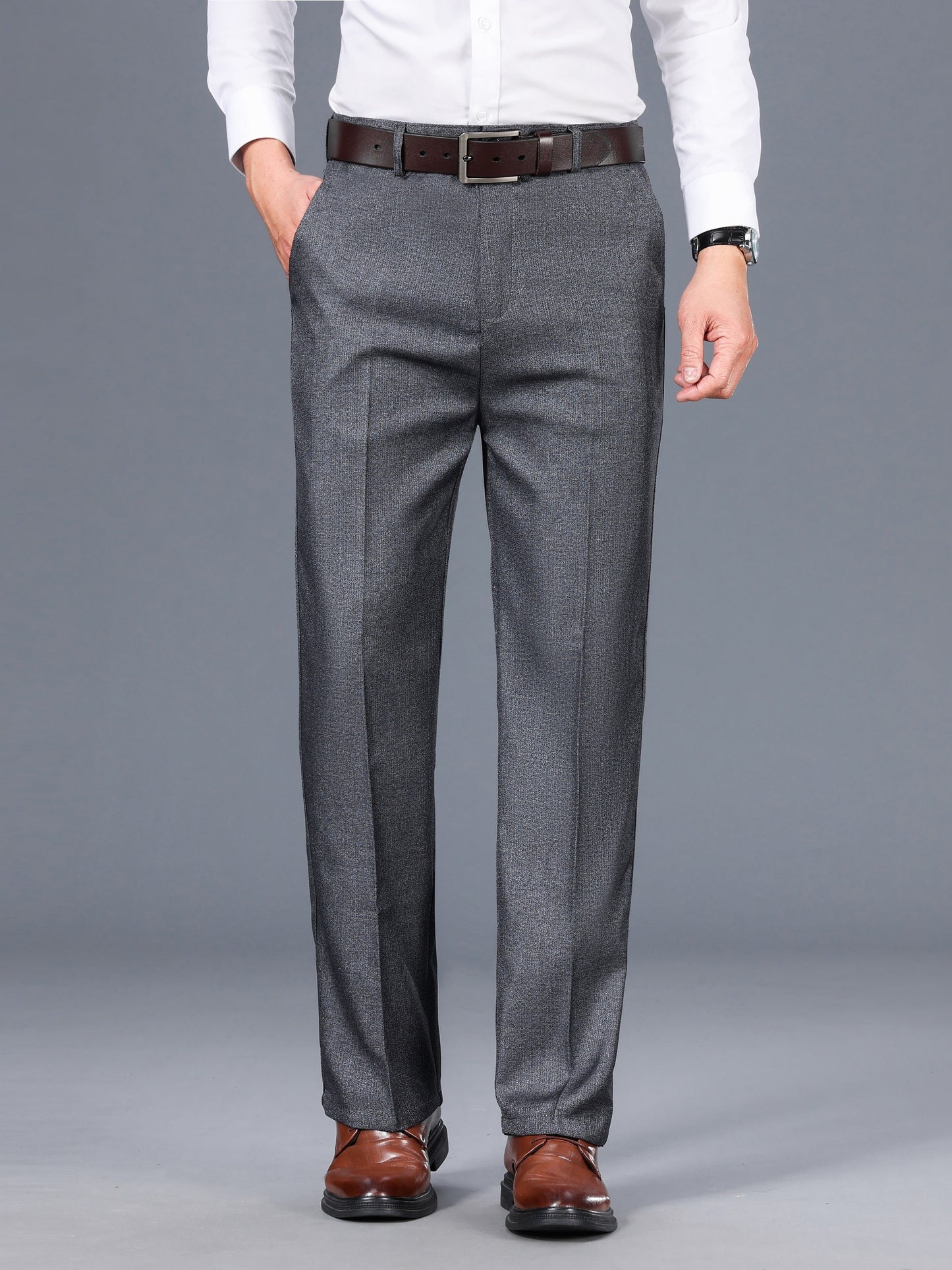Men's Classic Gray Dress Pants - Medium Thick, Straight Fit with Slant Pockets & Zipper Closure, Polyester, Non-Stretch Fabric for Business Casual & Formal Wear, Ideal for Spring/Autumn