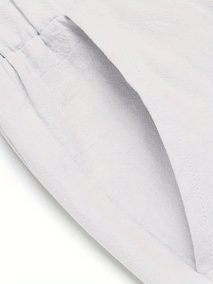 Men'S 2pcs Summer Beach Set, Cotton Linen Blend, Casual Short Sleeve Button- Shirt and Shorts, Solid Color, Lapel Collar, Non-Stretch Fabric, Regular Fit, Woven, 160g/m² - Loungewear Outfit