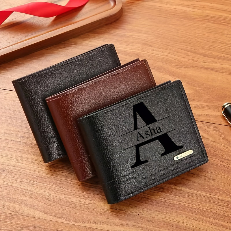 1pc Men's Business Style Faux Leather Wallet, Customizable Text and Initials, Solid Color Faux Leather with Contrast Accents, Compact Short Bifold Design for Easy Carrying - Perfect Birthday Gift for Boyfriend and Father, Per