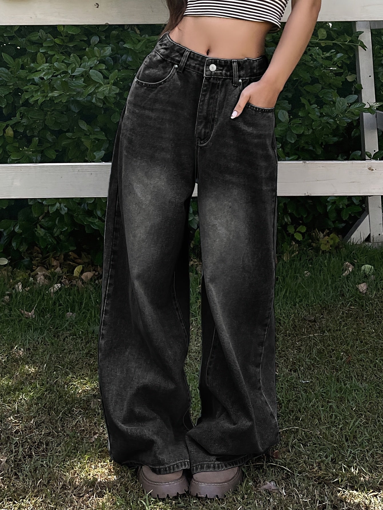 1pc Women's High-Waisted Wide Leg Denim Jeans, Casual Style, Solid Color, Non-Stretch Fabric, Straight-Leg Pants for Spring/Summer/Autumn