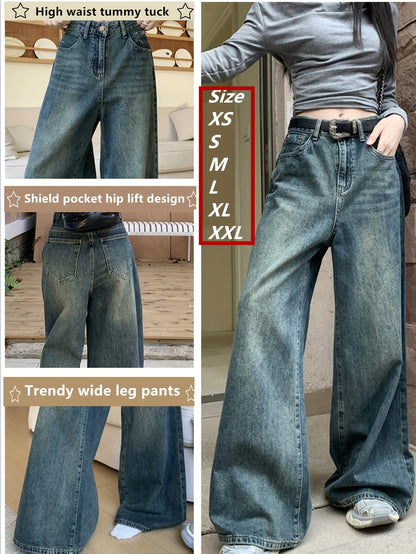 1pc XNVJEVGY Women'S High-Waisted Wide Leg Denim Jeans, Casual Style, Non-Stretch, Solid Color, Long Pants with Zipper Closure, Washed Finish, Suitable for All Seasons
