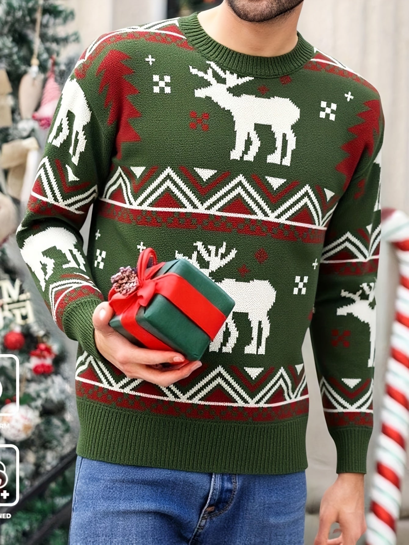 Men'S Winter Sweater - Christmas Deer & Snowflake Sweater with Red & Green Holiday Colors, Loose Fit Casual Knitwear, Drop Shoulder Long Sleeve Pullover, Soft Warm Winter Sweater for Christmas, Knit, Sweater For Men, Men Clot