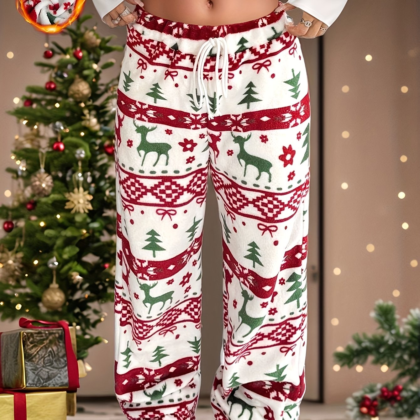Women's Elegant Red & White Christmas Snowflake Reindeer Plaid Winter Trousers - Straight-Leg Warm Pants with Elastic Waist (No Buttons/Zippers), Machine Washable for Holiday Parties, New Year's & Casual Outfits (Festive Styl