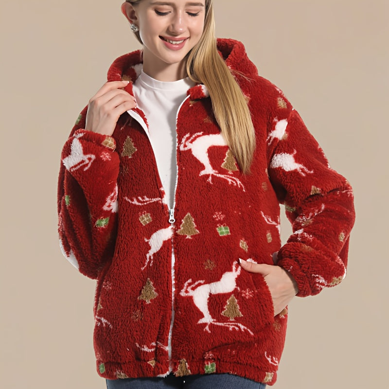 Cozy Christmas Reindeer Sweater - Red & Golden holiday Sweater with Deer, Soft Coral Fleece-like Pullover for Women & Men, Winter party Outfit, Lounge Wear - Machine Washable Cold Weather Clothing, Christmas Sweaters, Festive