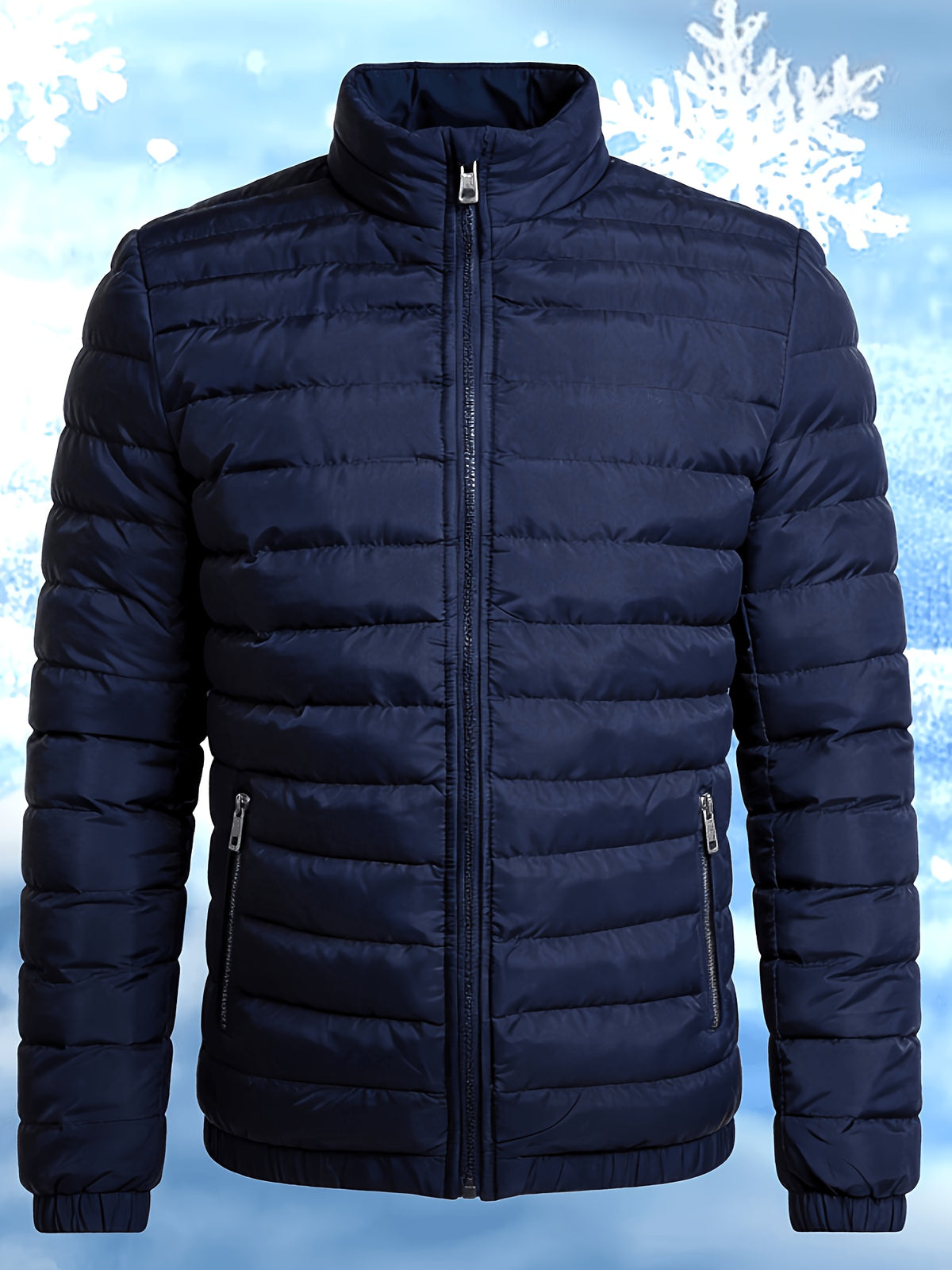 Men's Stand Collar Winter Jacket with Zipper and Fiber Filling