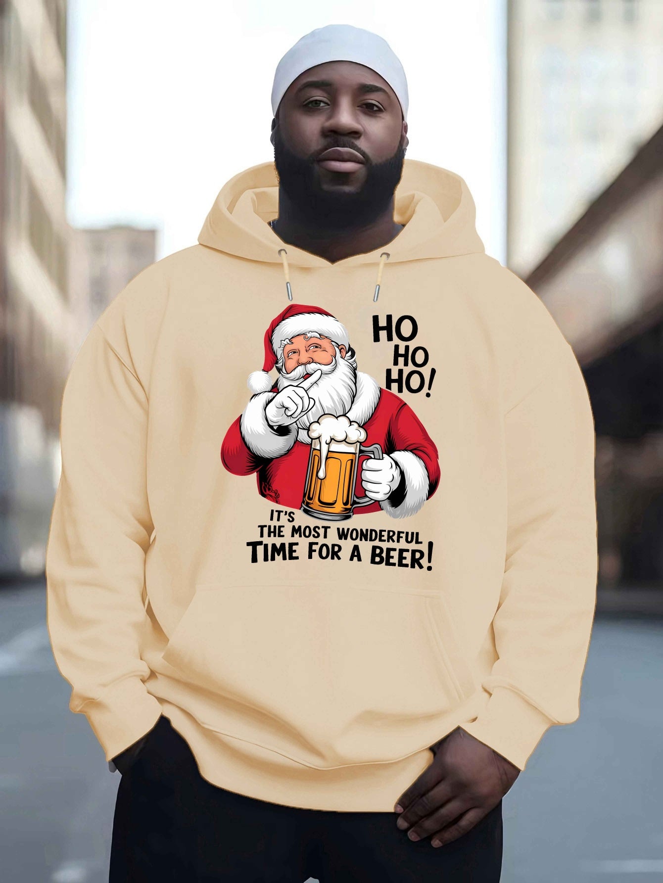 Men'S Red Hoodie with Santa Claus & Beer Mug Graphic - "Ho Ho Ho! It'S the Most Wonderful Time for a Beer!" - Cozy Plush Pullover for Fall & Winter, Casual Holiday Wear, Christmas Clothes, Plus Size