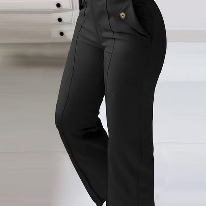 Women'S High-Waist Button-Detail Casual Straight Leg Pants, Solid Color, Polyester, with Belt, for All-Season Woven Trousers
