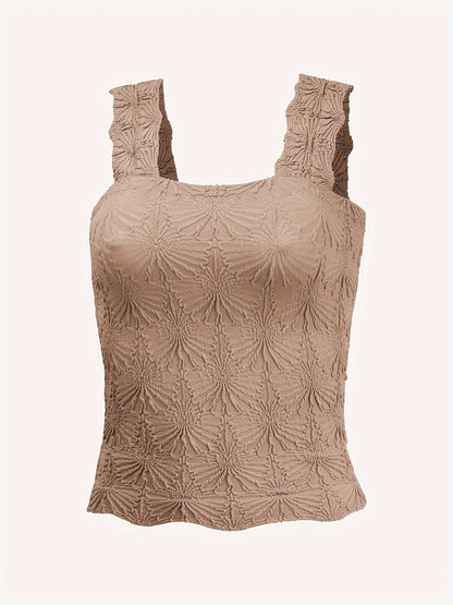 Women's Fashion Cami Tank Top With Jacquard Floral, Wide Shoulder Strap Square Neck Tank Top, Women's Activewear