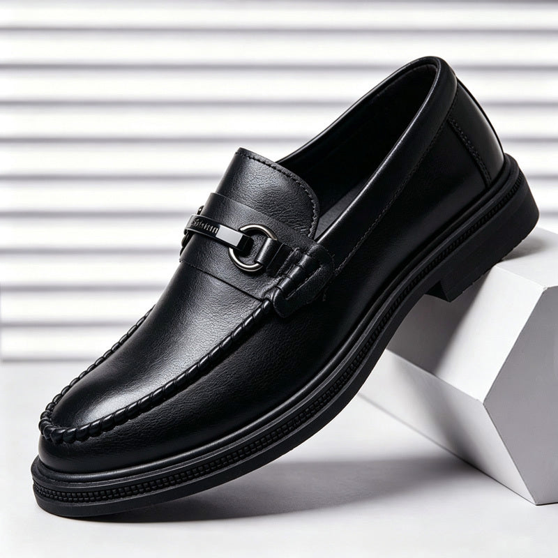 Men's Black Slip-On Business Casual Shoes with Metal Buckle
