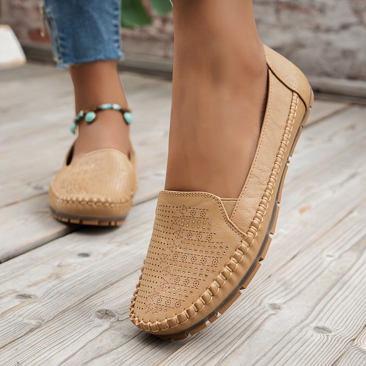 Women's Retro Perforated Flat Shoes, Comfy Breathable Round Toe Slip On Shoes, Casual Outdoor Loafers