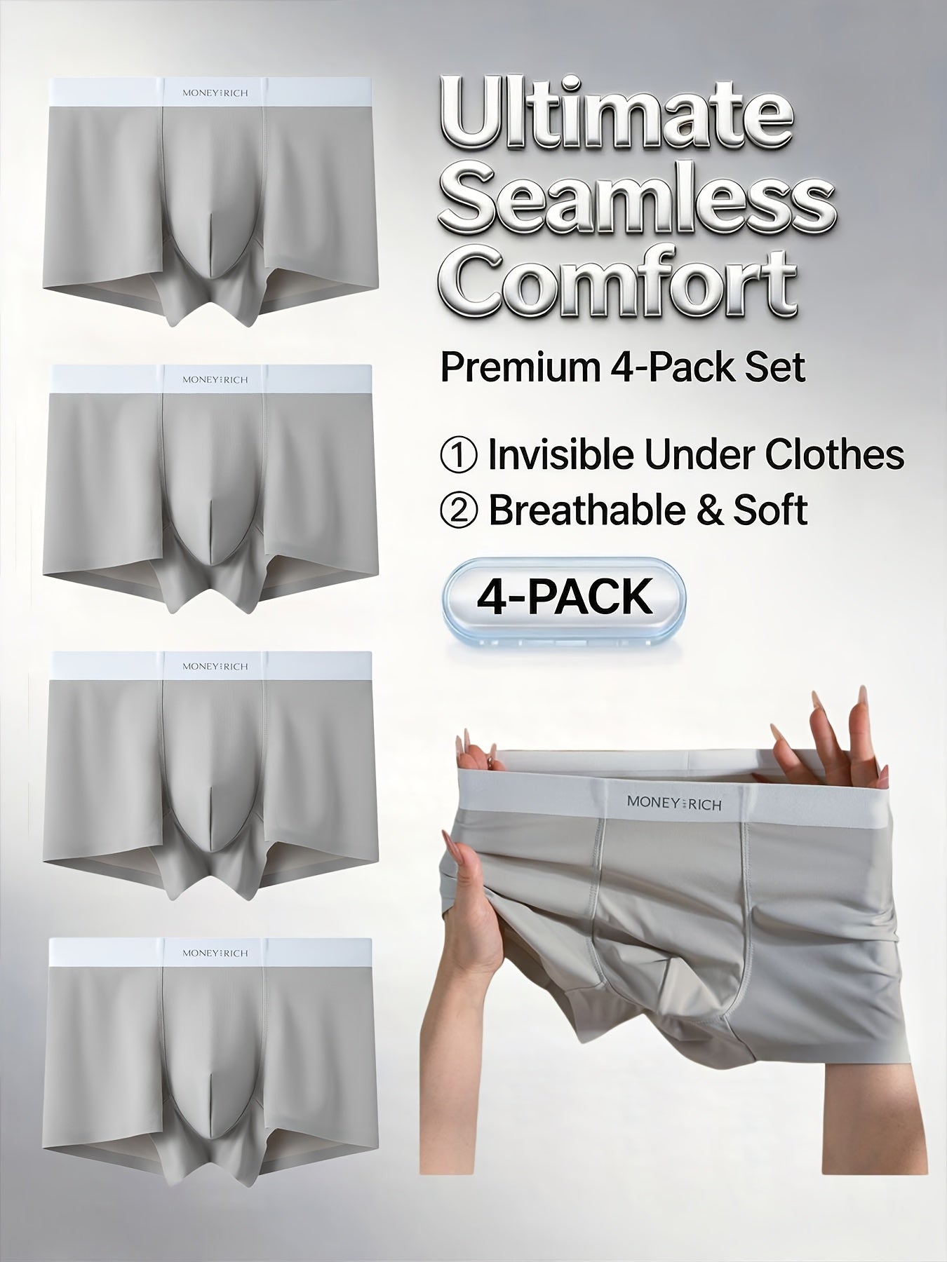 Men's Stretchy Solid Color Breathable Seamless Boxer Briefs, 4-Pack