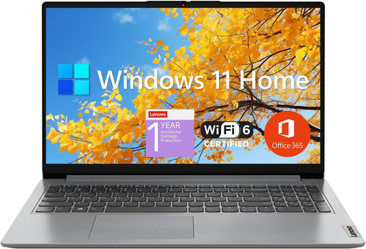 Lenovo Ideapad 1 Student Laptop, 15.6" FHD Display, Intel Dual Core Processor, 12GB RAM, 512GB SSD + 128GB Emmc, 1 Year Office 365, Wi-Fi 6, Webcam, Bluetooth, SD Card Reader, Windows 11 Home, Grey